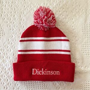 Dickinson College Hat Beanie Adult OS Red Devils Pom Pom Striped Spell Out NEW